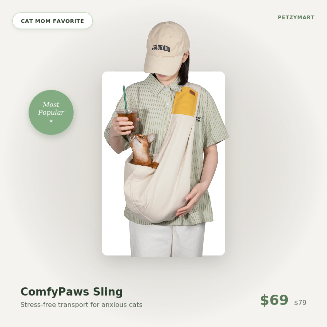 Person holding a cat in a ComfyPaws Sling with a pet store branding overlay.