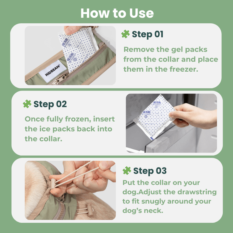 Instructions on how to use gel packs for a dog collar, with step-by-step images and text.
