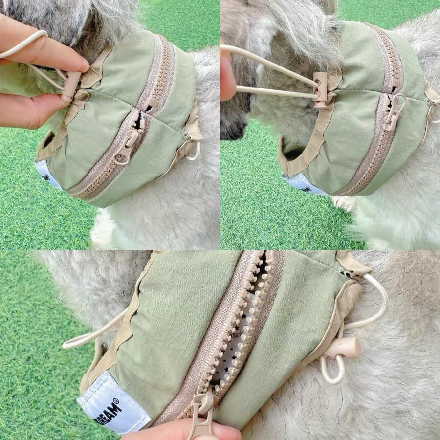 Collage of a green pet muzzle with a zipper being adjusted on a fluffy white animal.