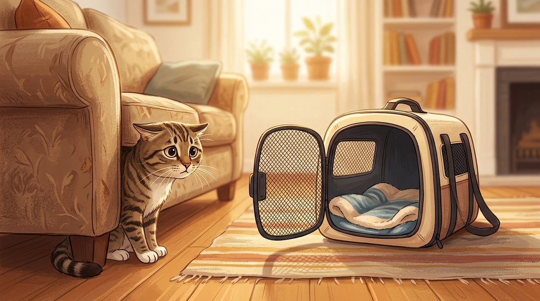 Nervous cat hiding behind sofa peeking at an open carrier in the living room