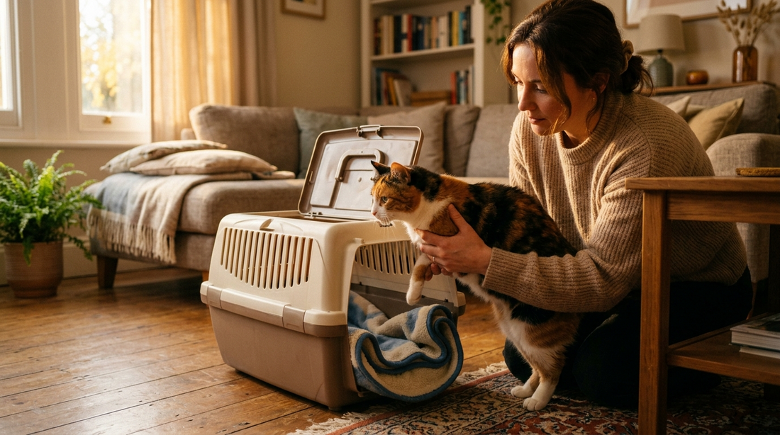 Person gently lowering a calm cat into a top-opening carrier in a warm, softly lit living room