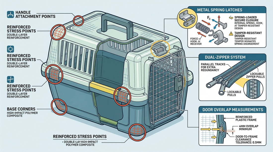 Cross-section diagram of cat carrier showing security features including metal latches, zipper systems, and door overlap points