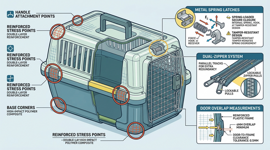 Cross-section diagram of cat carrier showing security features including metal latches, zipper systems, and door overlap points