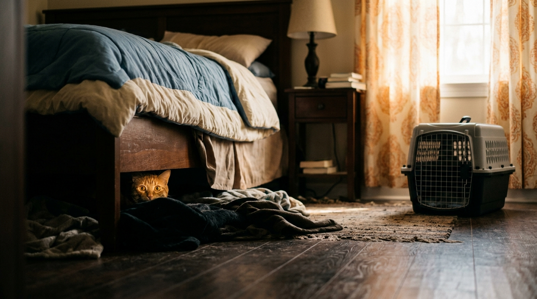Scared cat hiding under bed with pet carrier visible in background