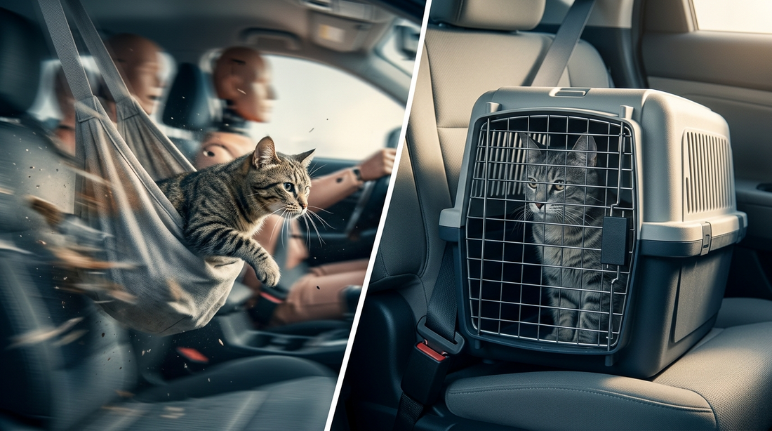 Side-by-side comparison of a cat in an unsafe fabric sling during car impact versus a cat protected in a proper crash-tested carrier with seatbelt