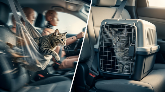 Side-by-side comparison of a cat in an unsafe fabric sling during car impact versus a cat protected in a proper crash-tested carrier with seatbelt