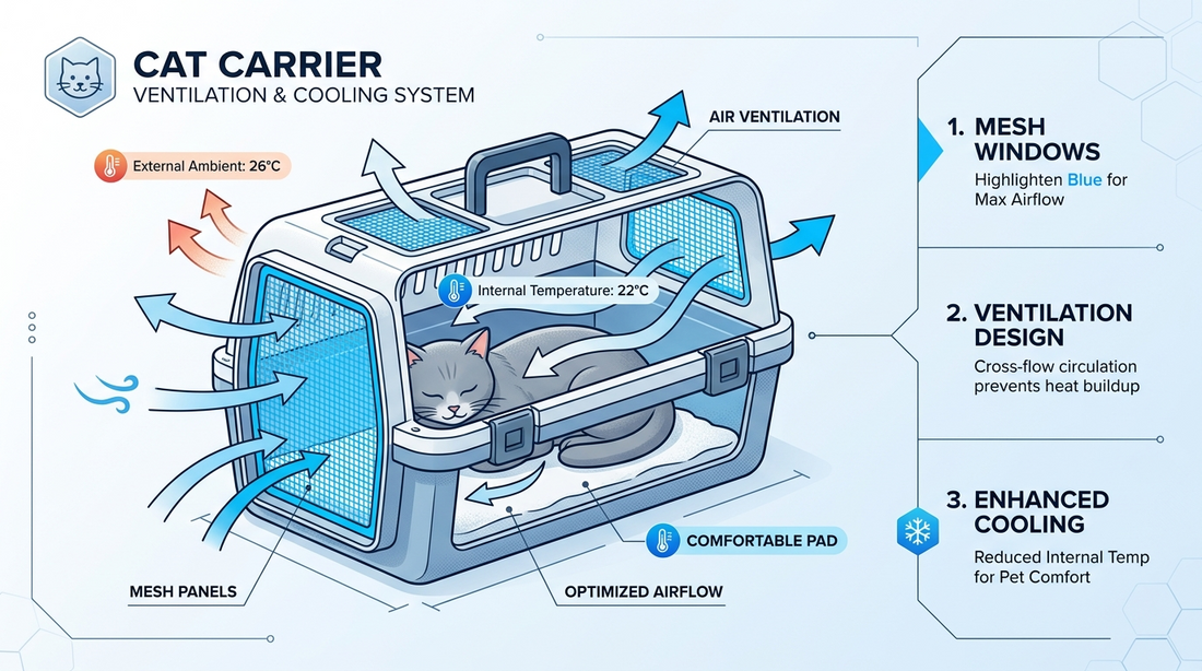 Cross-section diagram of cat carrier showing airflow patterns and ventilation design