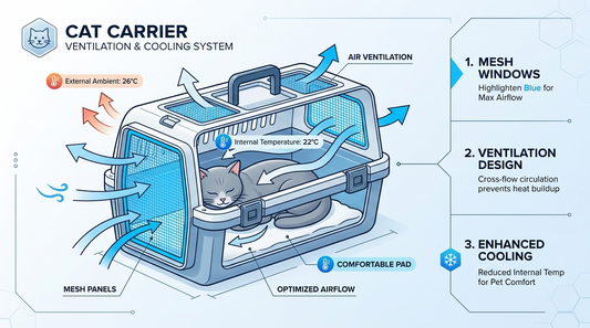Cross-section diagram of cat carrier showing airflow patterns and ventilation design