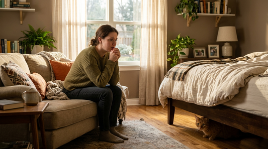 Worried pet owner sitting on couch while orange tabby cat hides under bed in sunlit living room