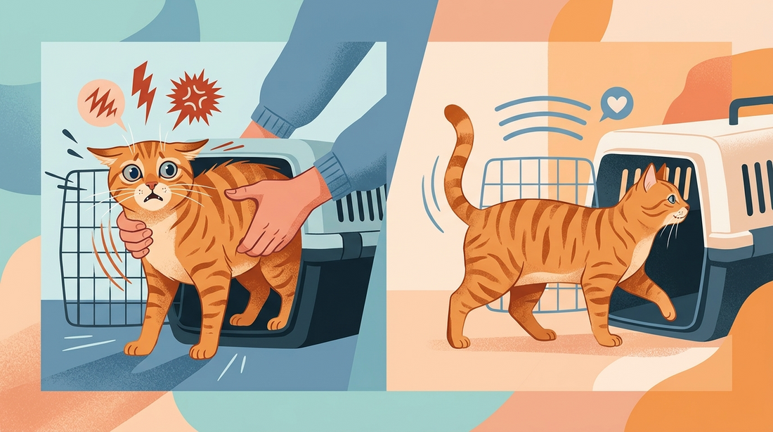 Split illustration comparing a stressed cat being forced into a carrier versus a calm cat entering willingly