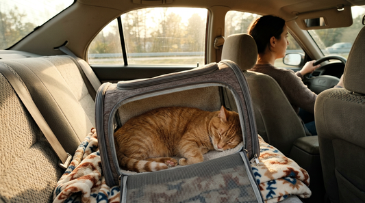 calm orange tabby cat resting peacefully inside a soft carrier on a sunlit car back seat