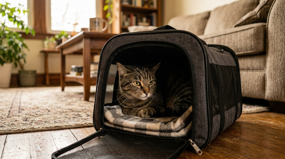 Nervous tabby cat hiding inside soft-sided pet carrier