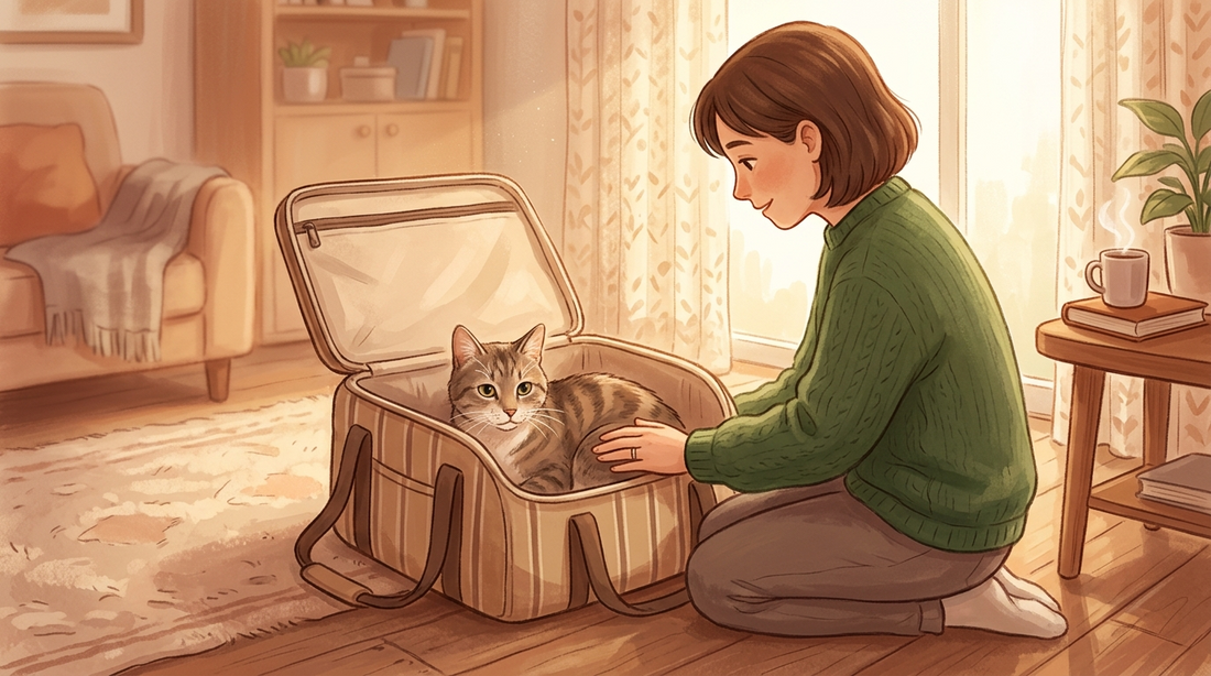 Senior cat sitting calmly in a top-loading carrier with owner preparing for vet visit