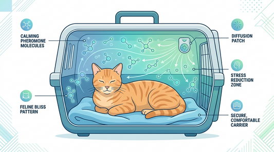 Cross-section diagram of cat carrier showing pheromone molecules around a relaxed cat inside