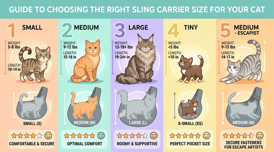 Infographic showing five test cats of different sizes with sizing guidelines for cat sling carriers