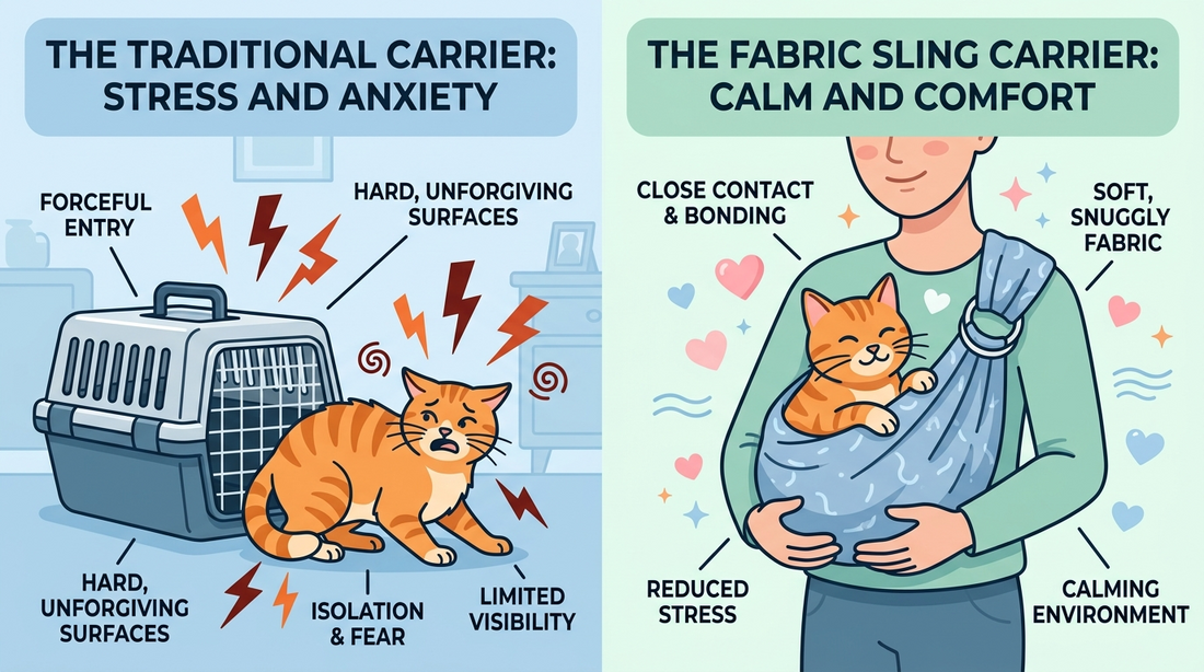 Comparison infographic showing a stressed cat avoiding a traditional carrier versus a calm cat in a fabric sling carrier