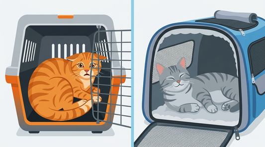 Split comparison showing a stressed cat in a hard plastic carrier versus a relaxed cat in a soft fabric carrier