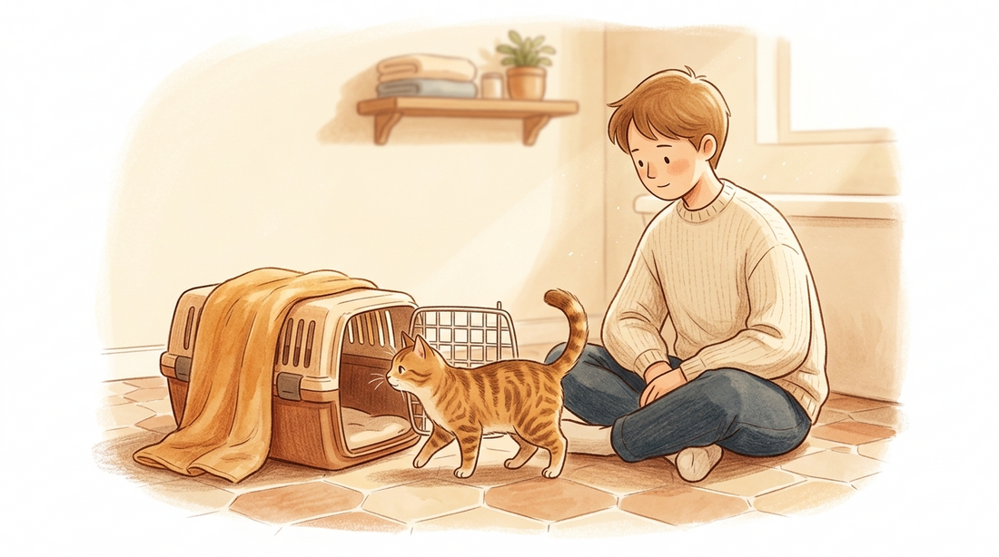 Calm person sitting on bathroom floor with cat approaching open carrier - how to get cat in carrier without fighting