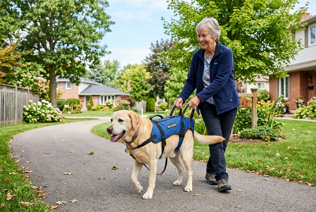 Happy senior dog wearing a supportive harness being helped by caring owner
