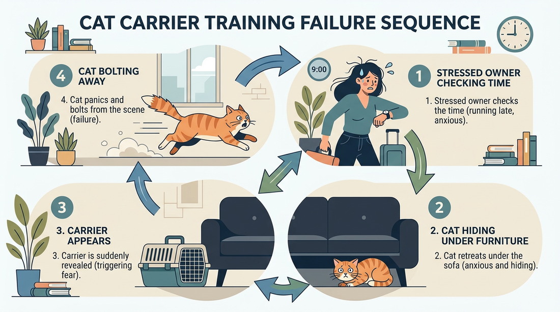 Flowchart showing the cycle of cat carrier training failure from owner stress to cat escape behavior