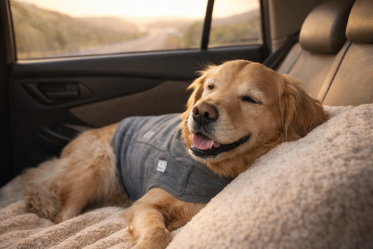 Golden retriever wearing calming anxiety vest relaxing peacefully during car travel
