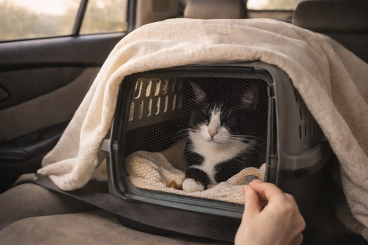 Relaxed gray tabby cat resting peacefully inside open soft-sided carrier in sunny living room