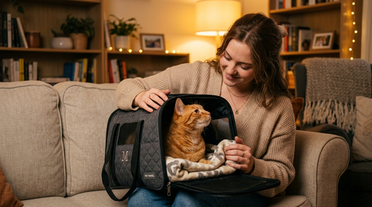 Cat owner gently holding orange tabby cat in carrier with warm golden lighting