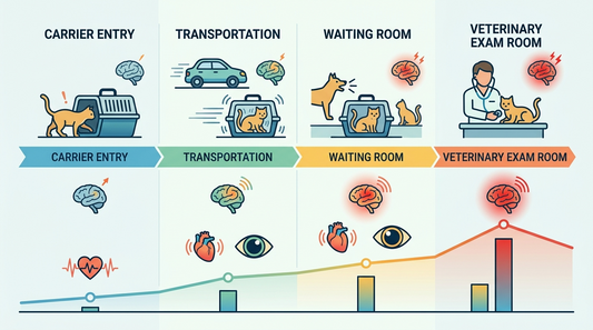 Infographic showing cat cortisol stress levels from carrier entry to veterinary exam room