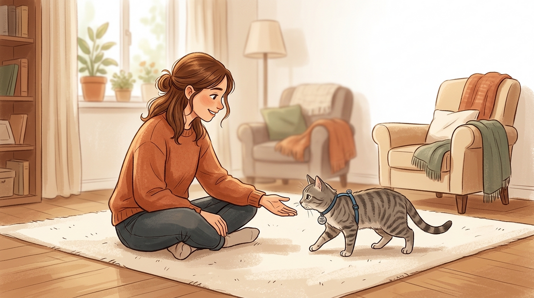 Warm illustration of a cat cautiously approaching its owner after a vet visit, trust rebuilding moment