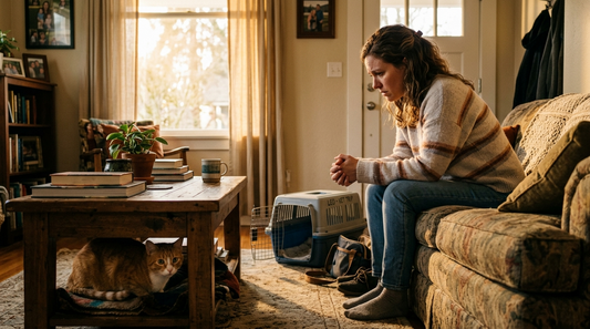 Worried cat owner sitting on couch while their orange cat hides under coffee table after vet visit