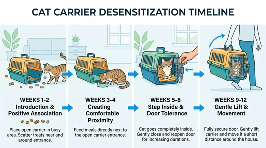 Flowchart showing the four phases of cat carrier training from introduction to mastery over 12 weeks