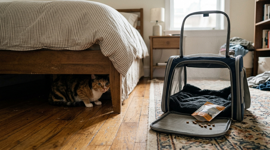 Cat hiding under bed when carrier comes out before vet visit
