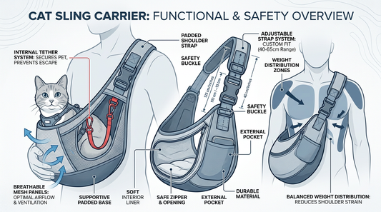 Cross-section diagram of cat sling carrier showing internal safety tether, mesh ventilation panels, adjustable straps, and proper weight distribution zones
