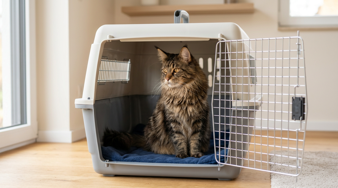 Large Maine Coon cat sitting comfortably in appropriately sized pet carrier with plenty of space