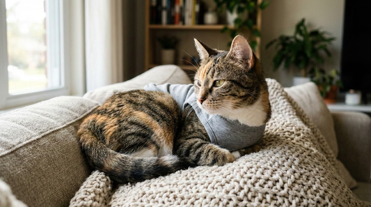 A calm domestic cat wearing a plain anxiety vest, relaxing on a sofa in soft natural light, conveying comfort and peace.