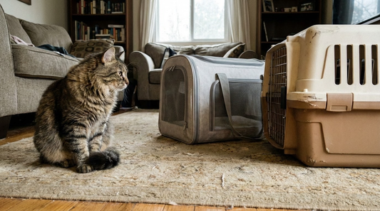 A cat sits on a living room rug looking between a soft carrier and a hard carrier.
