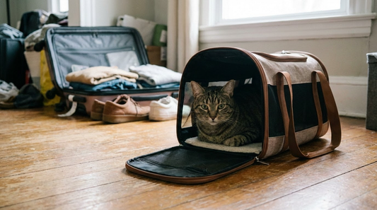 A calm cat sits inside a soft carrier on the floor, ready for travel with a suitcase nearby.