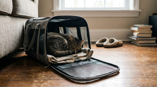 A calm cat resting in an open carrier at home, addressing the question of how long can a cat stay in a carrier.