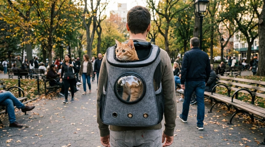 A person using a hands free cat carrier backpack with their cat looking out of the bubble window during a city walk.