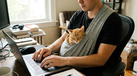 A woman using the best hands free cat carrier with her cat peeking out, ready for travel or a walk.