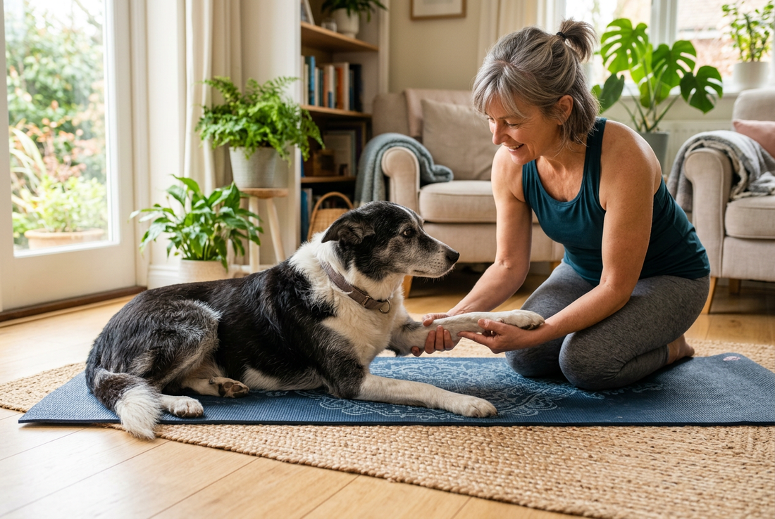 Senior dog doing gentle stretching exercise with owner assistance