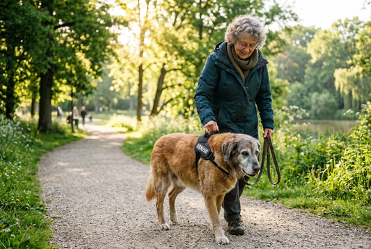 Owner gently supporting an older dog during a walk in a park