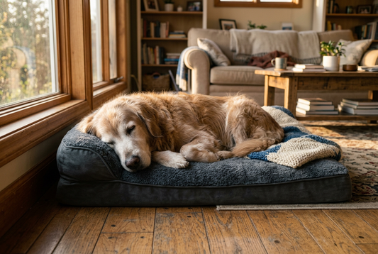 Senior golden retriever resting comfortably on a soft bed with warm lighting