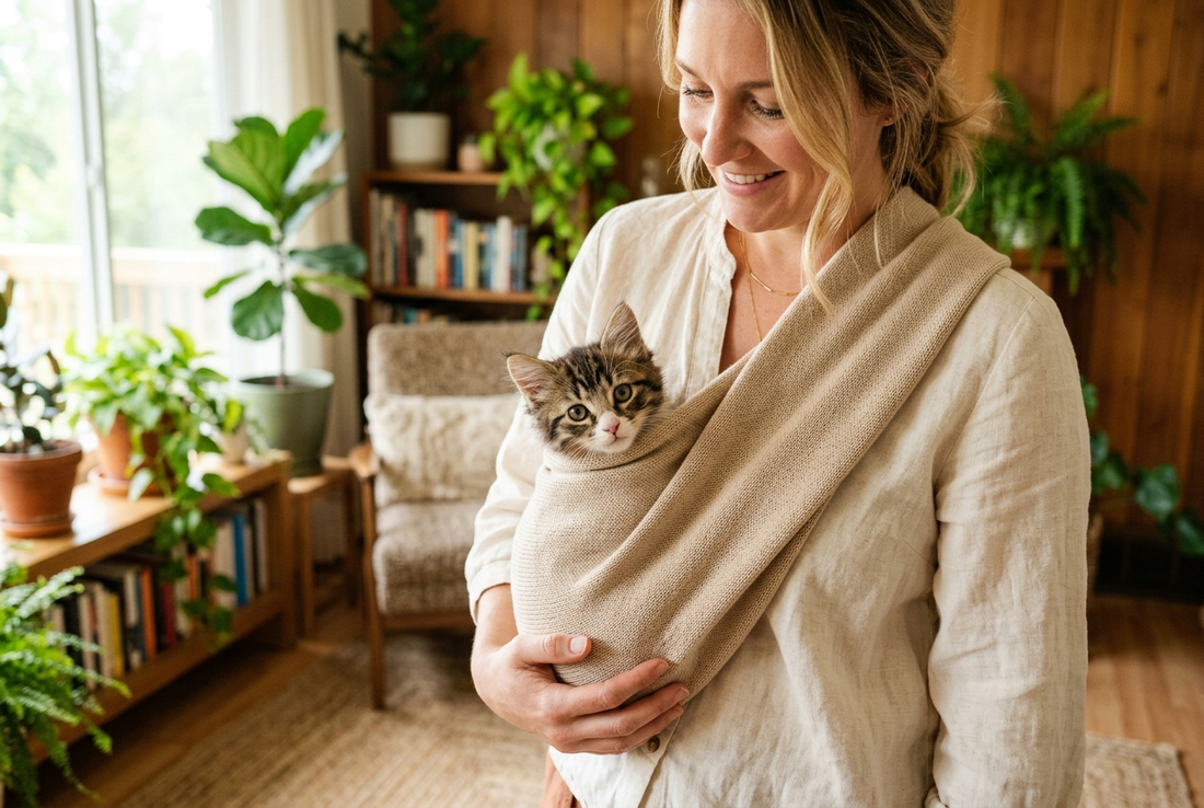 Tiny kitten peeking out from a cozy fabric sling carrier, warm home setting