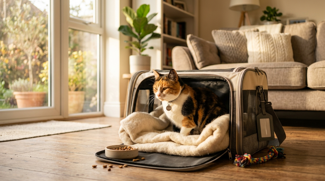 Calico cat sitting calmly inside an open pet carrier in a sunny living room