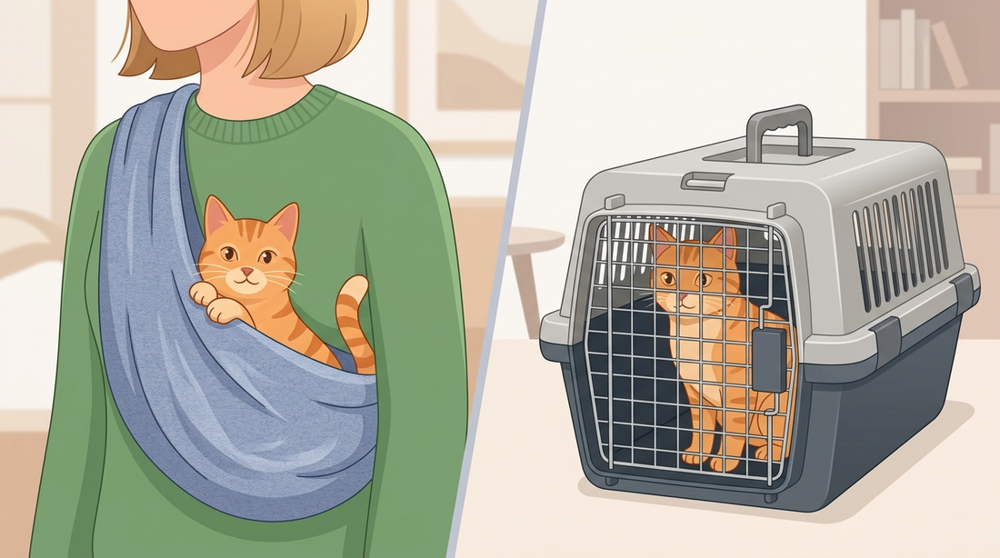 Side-by-side comparison illustration of a cat in a fabric sling carrier versus a cat inside a traditional hard-sided pet carrier