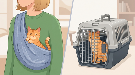 Side-by-side comparison illustration of a cat in a fabric sling carrier versus a cat inside a traditional hard-sided pet carrier