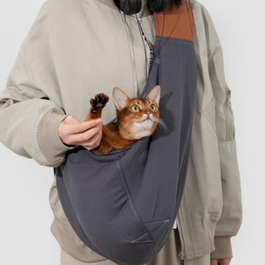 Person holding a cat in a sling with a neutral background