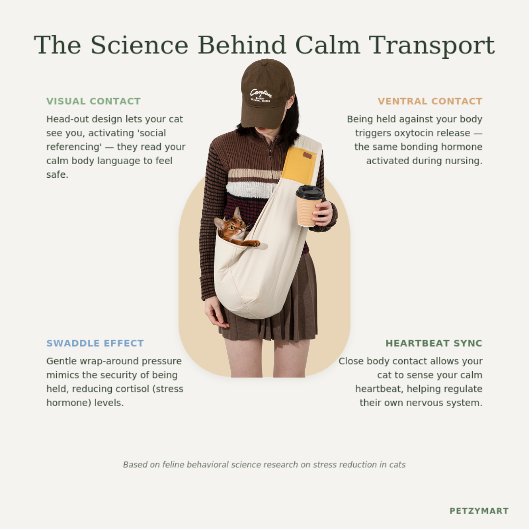 Person holding a cat in a sling with text explaining the science behind calm transport.