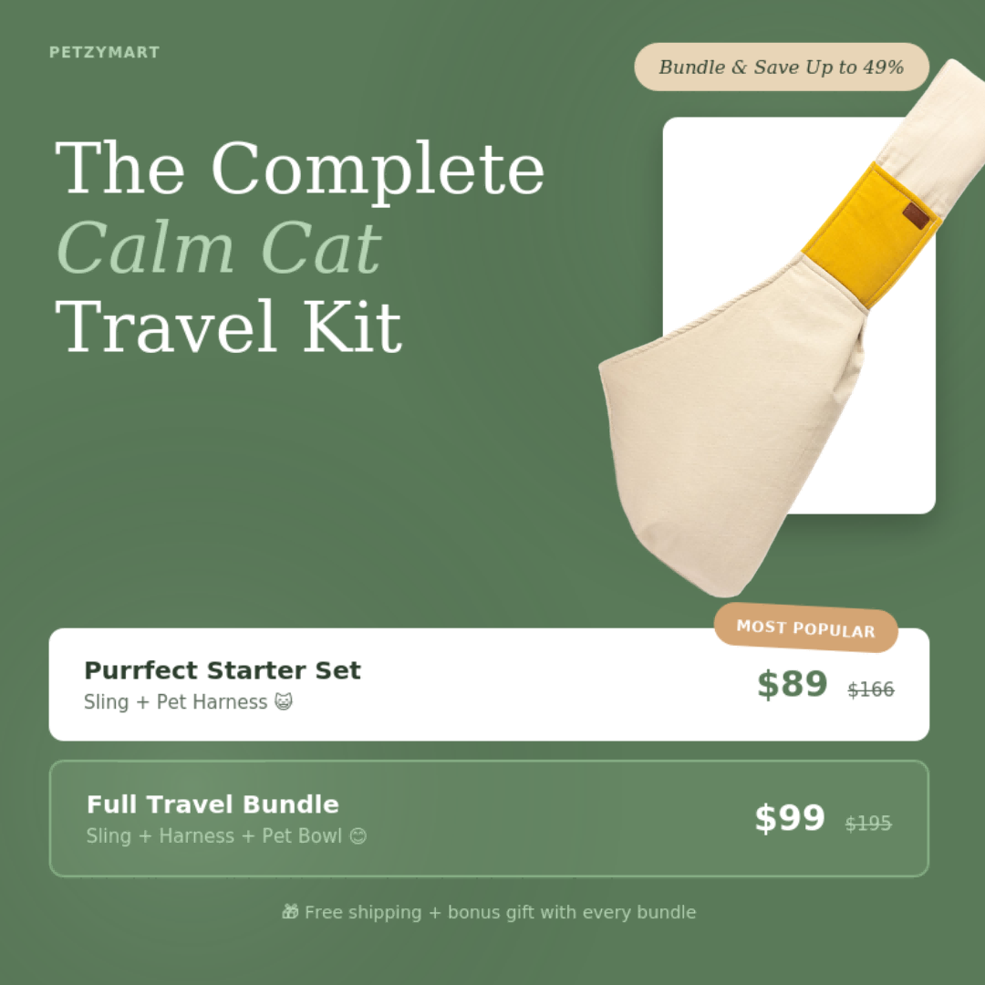 Advertisement for 'The Complete Calm Cat Travel Kit' with a sling and pet harness on a green background.